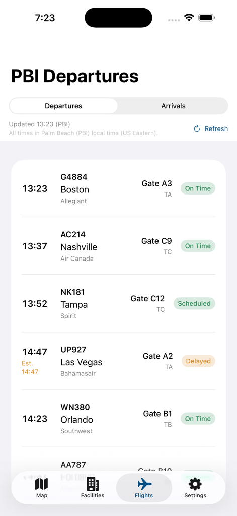 Palm Beach Intl PBI Airport - Screenshot of the PBI Airport app showing the flight departures schedule with gate information and flight status