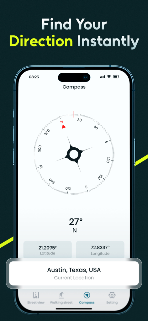 Live Earth Map: Street View - Pantalla de brújula digital en un iPhone que muestra la dirección y las coordenadas de Austin Texas