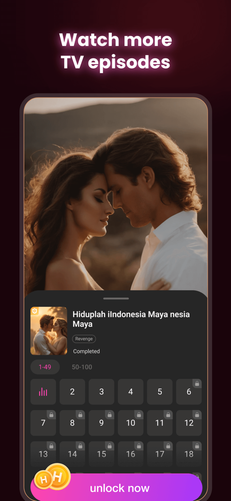 HeatShort - Interface of HeatShort app showing a romantic short drama scene with a list of numbered episodes and an unlock now button.
