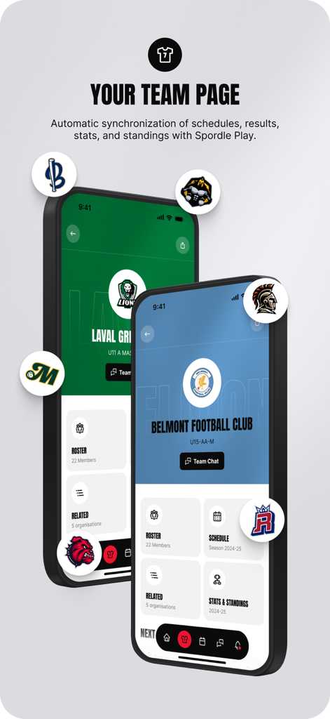 Spordle - Two smartphones displaying the Spordle app team dashboard with synchronized sports schedules and club statistics.