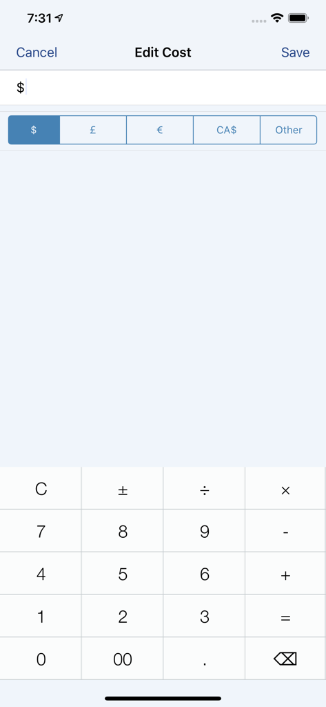 Pantalla de edición de costos de XpenseTracker Pro con selector de moneda y calculadora numérica