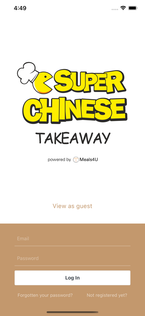 Super Chinese Takeaway - Super Chinese Takeaway app login screen with brand logo and account sign in