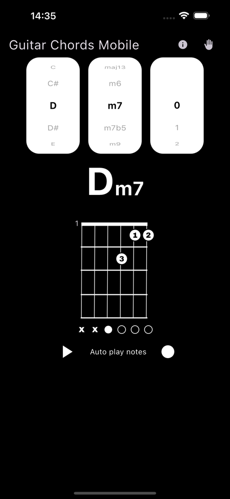 Guitar Chords Mobile - Interfaz de la aplicación Acordes de Guitarra Móvil mostrando un diagrama de acorde de Re menor 7 con posiciones de dedos