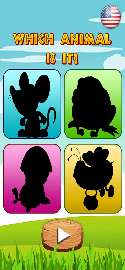 Interfaz de juego educativo que muestra cuatro siluetas de animales para que los niños pequeños las identifiquen