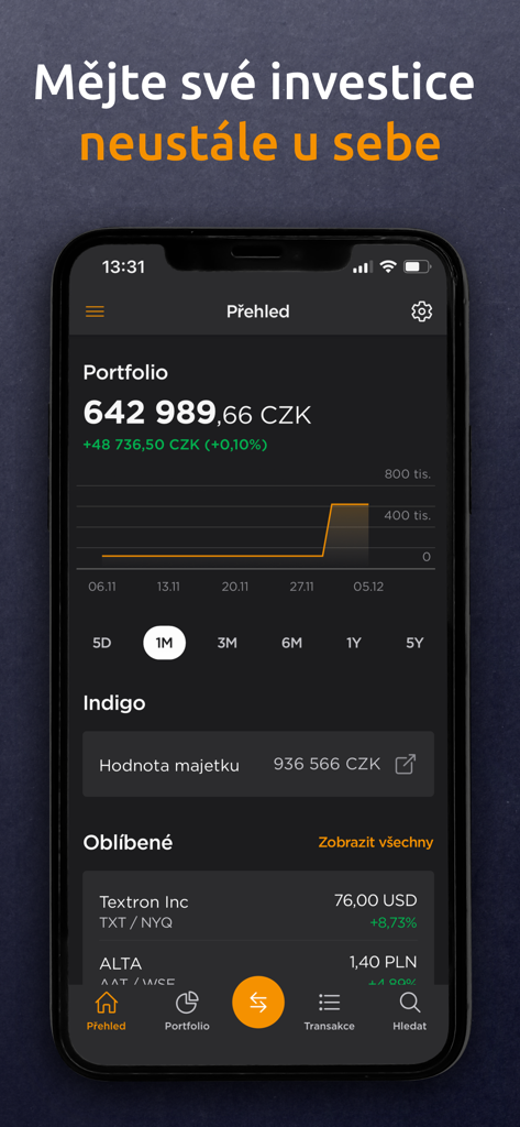 Patria Finance mobile app screen showing investment portfolio overview and performance charts