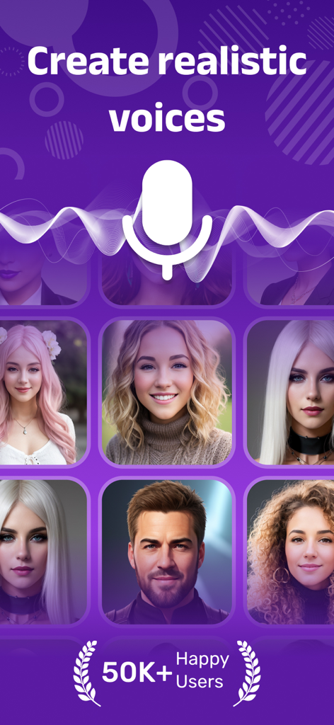 Screenshot of the Change Voice app featuring realistic AI voice creation options with diverse character portraits and a user base badge.