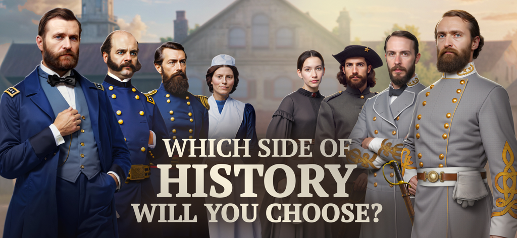 War and Peace: Civil War - Group of historical characters in American Civil War uniforms and attire with the text Which side of history will you choose