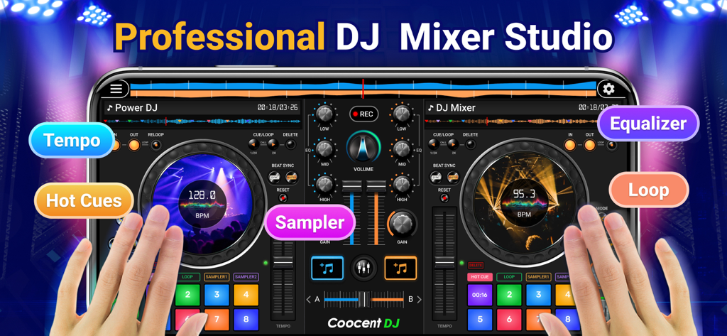 Interfaz de la aplicación DJ Mixer Studio mostrando tocadiscos virtuales duales y controles de mezcla en una pantalla móvil