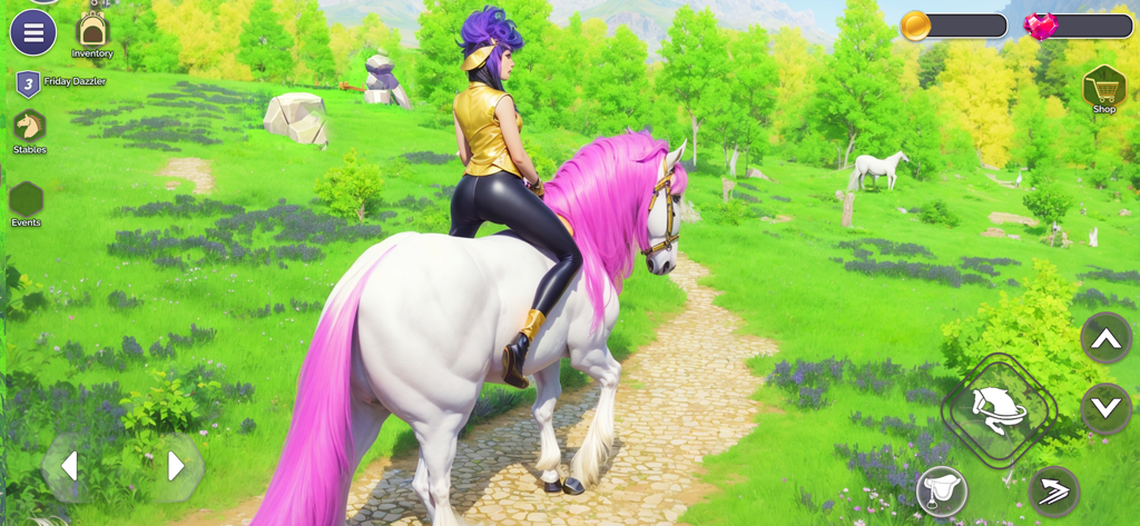 My Fantasy Girls Horse Care 3D - Uma garota montando um cavalo branco com crina e cauda rosa vibrantes através de uma paisagem de prado verde 3D