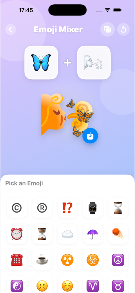 Interfaz de la aplicación Emoji Maker que muestra la herramienta mezcladora combinando un emoji de mariposa y viento soplando en un sticker personalizado