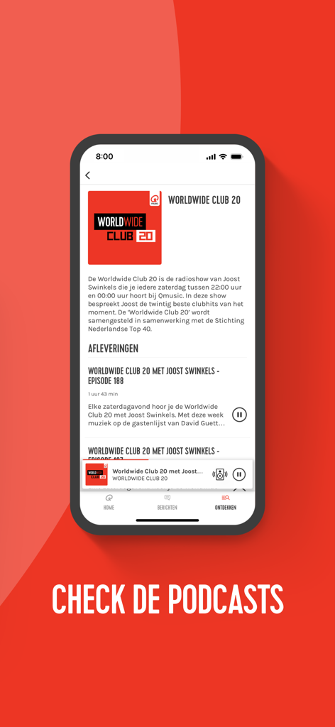 La aplicación Qmusic mostrando una lista de episodios del podcast Worldwide Club 20