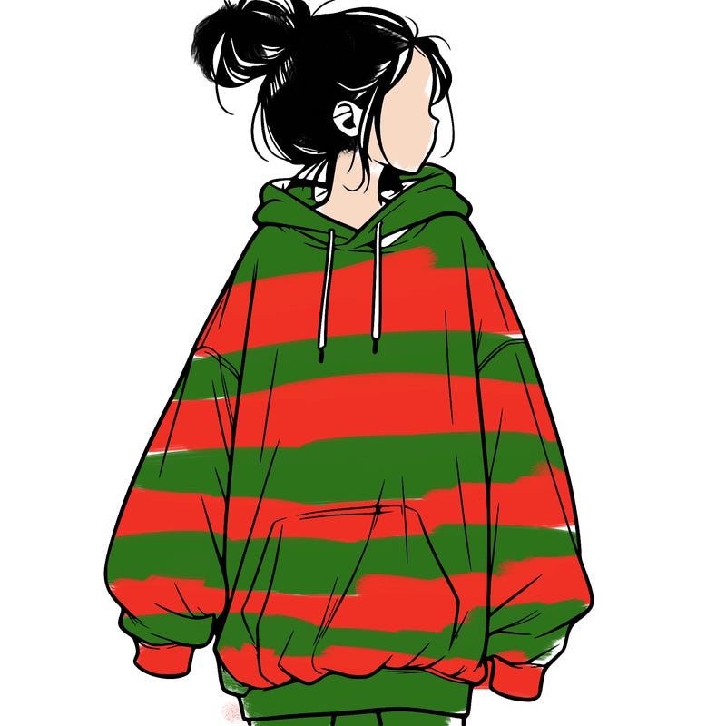 realistic girl with a oversized sweatshirt on and a bun
