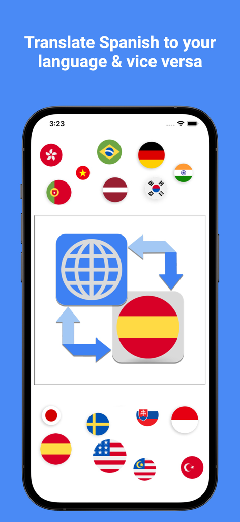 Spanish Translator Pro - 45+ - Pantalla de la aplicación Spanish Translator Pro mostrando un globo terráqueo y la bandera española con flechas indicando traducción bidireccional rodeada de varias banderas nacionales.