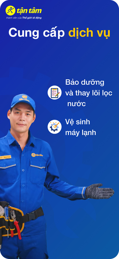 A professional technician in a blue uniform showcasing air conditioning cleaning and water filter maintenance services