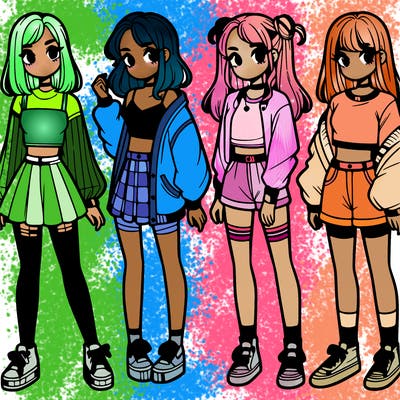 one girl with crop-top shirt and a jacket with a skirt, long socks and another girl with a shirt and pants with a jacket