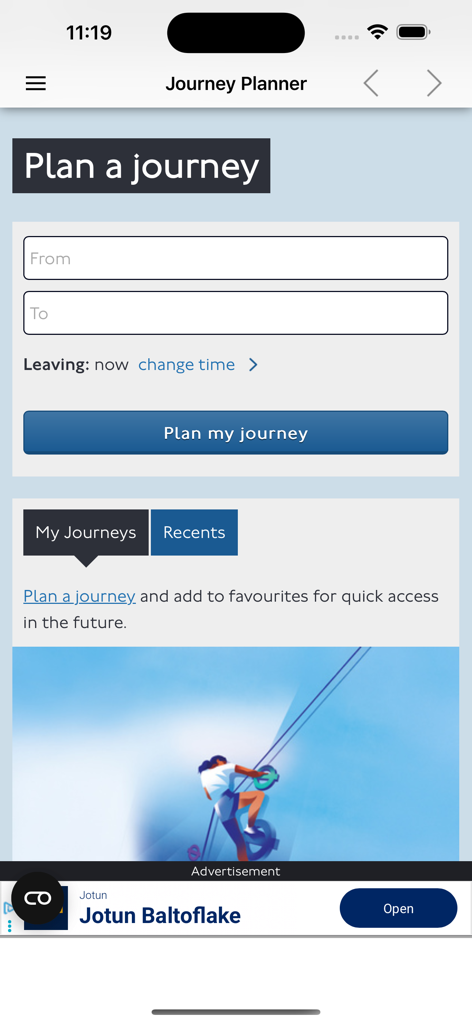 La pantalla del planificador de viajes de la aplicación Guía del Mapa del Metro de Londres