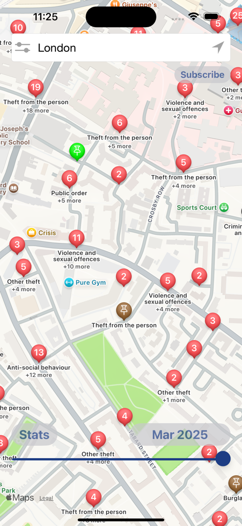Oberfläche der Crime Map Watch UK App, die eine Karte von London mit lokalisierten Kriminalitätsstatistiken und Kategorien zeigt