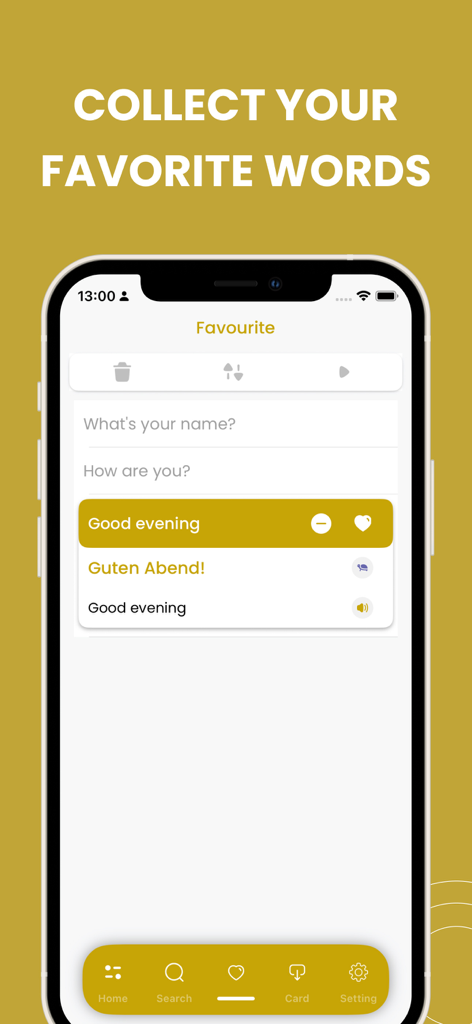 Learn German - Phrasebook - Learn German app interface showing a list of favorite saved phrases with German translations