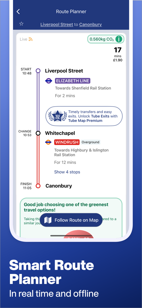 Screenshot der London Underground Tube Map App, die eine Route von Liverpool Street nach Canonbury mit Echtzeit-Reisedetails anzeigt