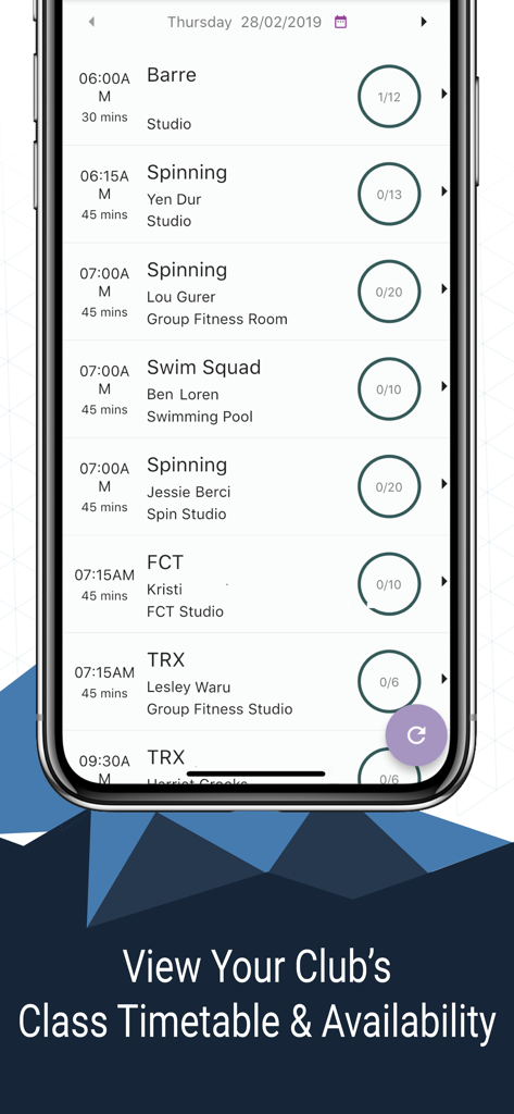 FTL Gym - Pantalla de la app FTL Gym mostrando el horario de clases y la disponibilidad en tiempo real para sesiones de fitness