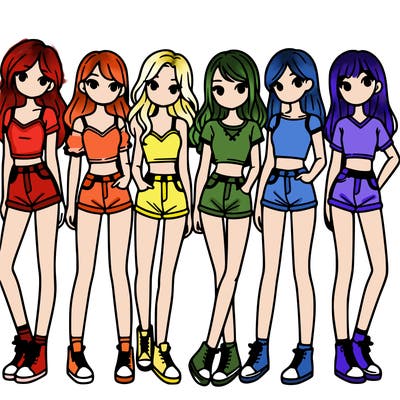 a group of girls wearing crop tops and shorts