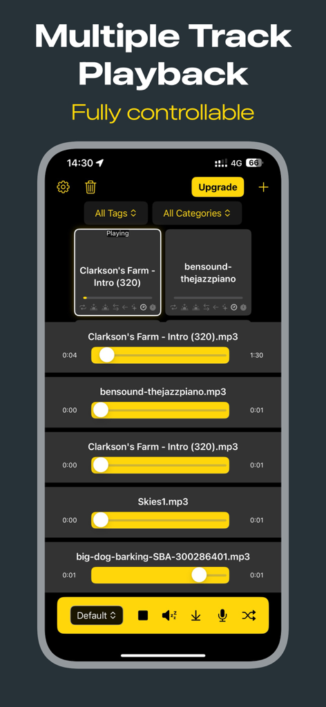 Soundboard Pro - Interfaz de la aplicación Soundboard Pro que muestra múltiples pistas de audio y controles de reproducción.