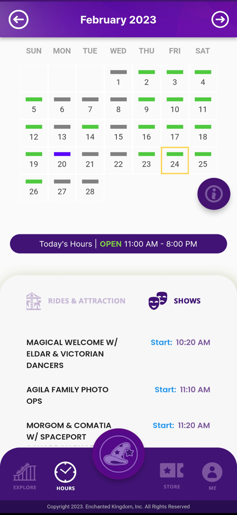 Enchanted Kingdom - Enchanted Kingdom mobile app interface displaying park hours calendar and daily show times