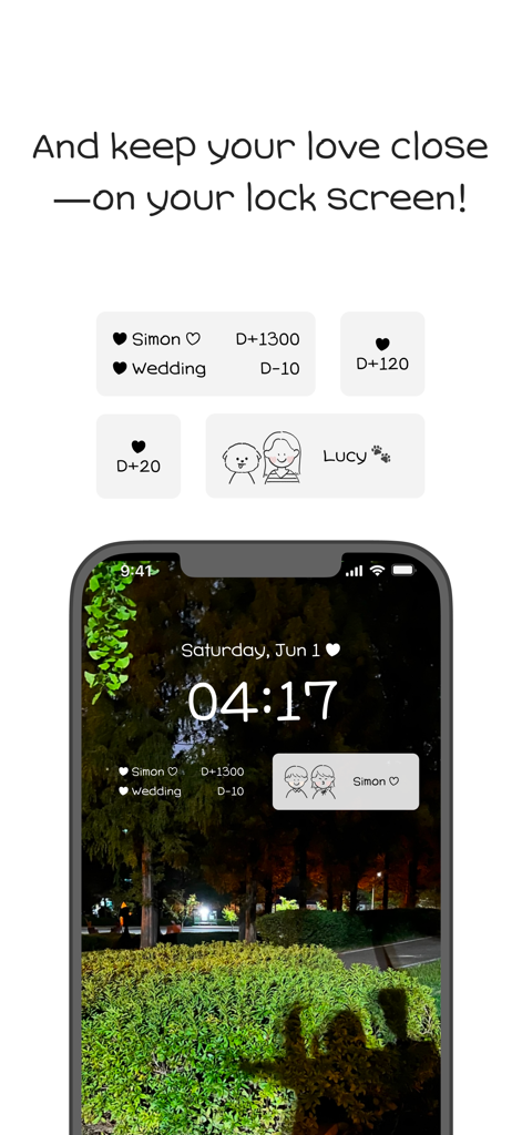 OurDay - Our Minimi in Widget - iPhone lock screen displaying OurDay relationship widgets with couple characters and anniversary countdowns