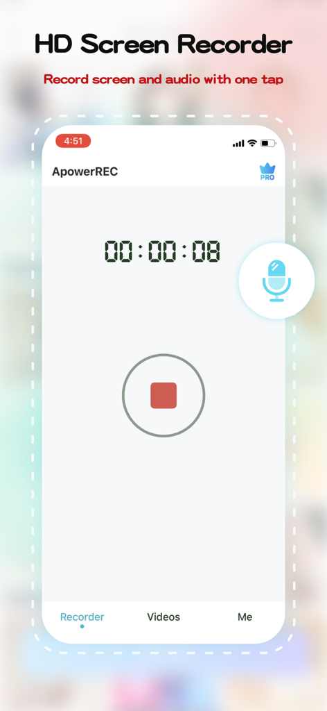 The ApowerREC mobile app interface displaying a screen recording session in progress with a timer and stop button