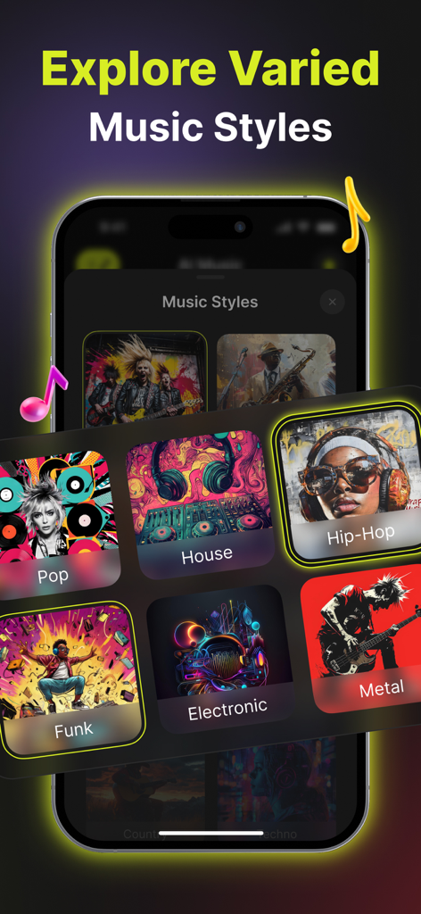 AI Song Generator & Music App - Una selección de géneros musicales en la app Generador de Canciones IA que incluye Pop, House y Hip-Hop