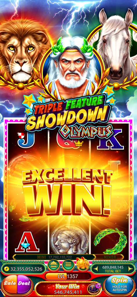 Excellent win screen in 88 Fortunes Slots with Triple Feature Showdown Olympus theme featuring Zeus