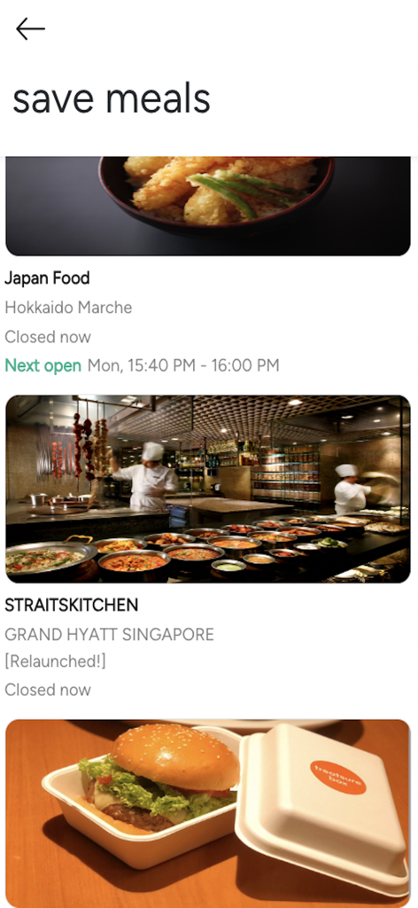 Mobile app screen showing a list of surplus meals available from restaurants and hotels like Grand Hyatt Singapore