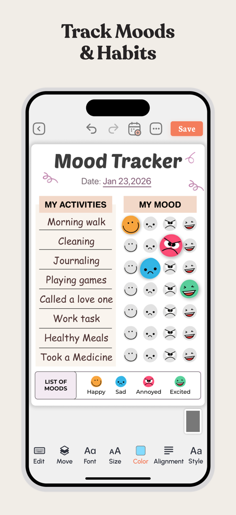 Planner, Journal, To-Do List - PlanWiz app interface showing a mood tracker with daily activities and emoji ratings