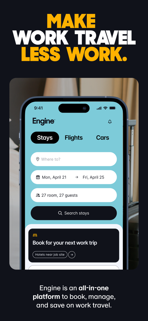 Écran d'accueil de l'application Engine Corporate Travel pour la réservation de voyages d'affaires