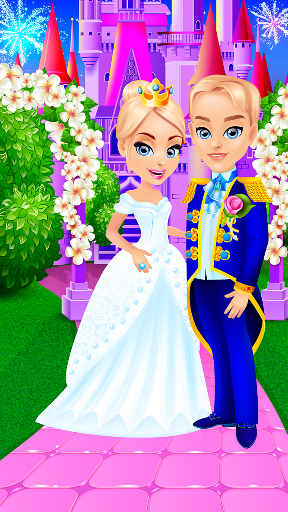 Cinderella's Life Story - Fairy Tale & Girls Games - Cinderella and her prince at their fairy tale wedding in front of a pink castle with fireworks.