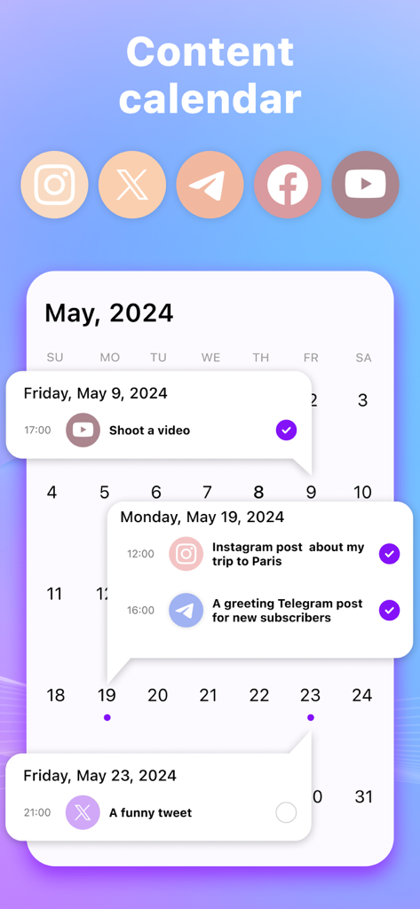 Tweety: AI Content Writer Tool - Interfaz de la aplicación Tweety que muestra un calendario de contenido para redes sociales para programar publicaciones en plataformas como Instagram y YouTube