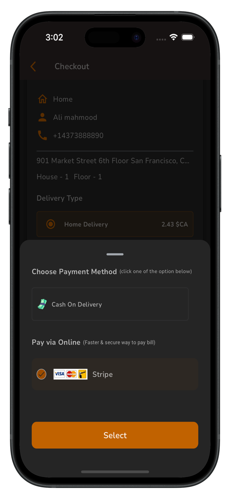The Shack - Checkout screen on The Shack app showing payment options like cash on delivery and Stripe online payment