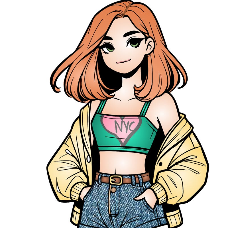 a realistic girl with a crop top and short shorts in an open jacket