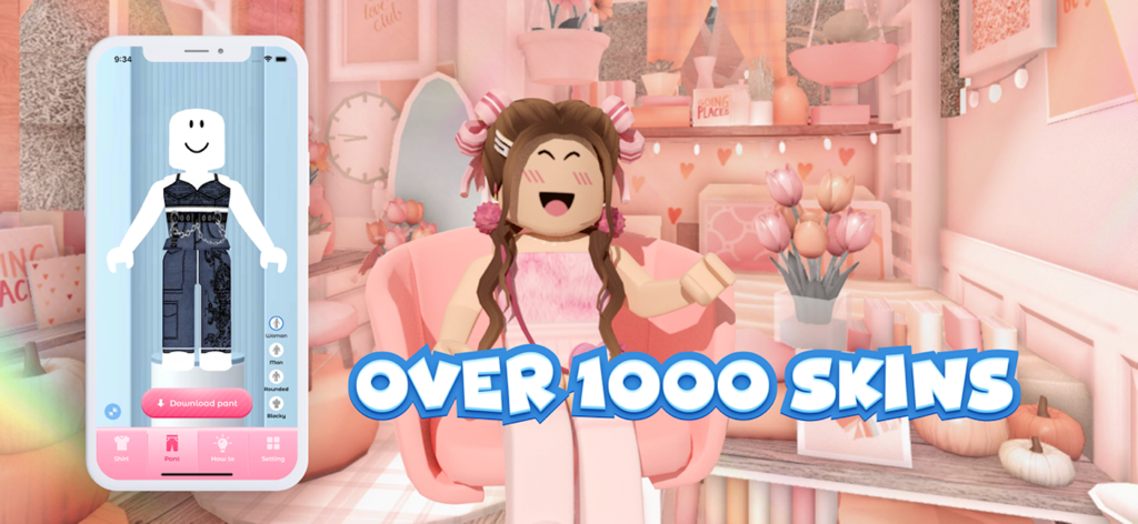 Shirts for Blox Maker - Interface de aplicativo móvel mostrando roupas de avatar Roblox da moda e uma coleção de mais de 1000 skins.