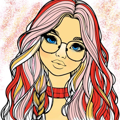 girl with long hair and freckles and glasses realistic