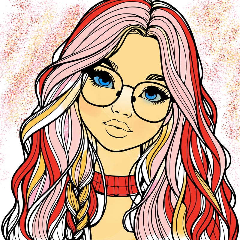 girl with long hair and freckles and glasses realistic