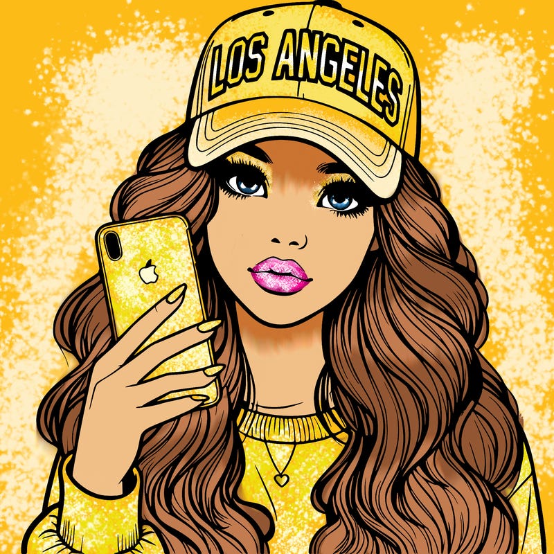 realistic beautiful girl wearing los ángeles cap holding an iphone