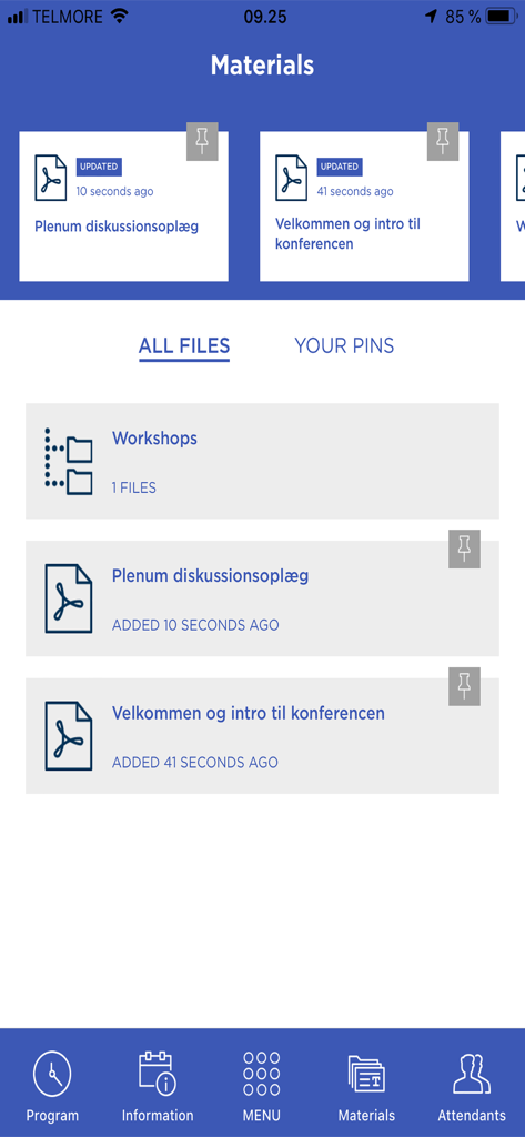 EVENTLY - Schermata dei materiali dell'app EVENTLY che mostra un elenco di documenti digitali della conferenza