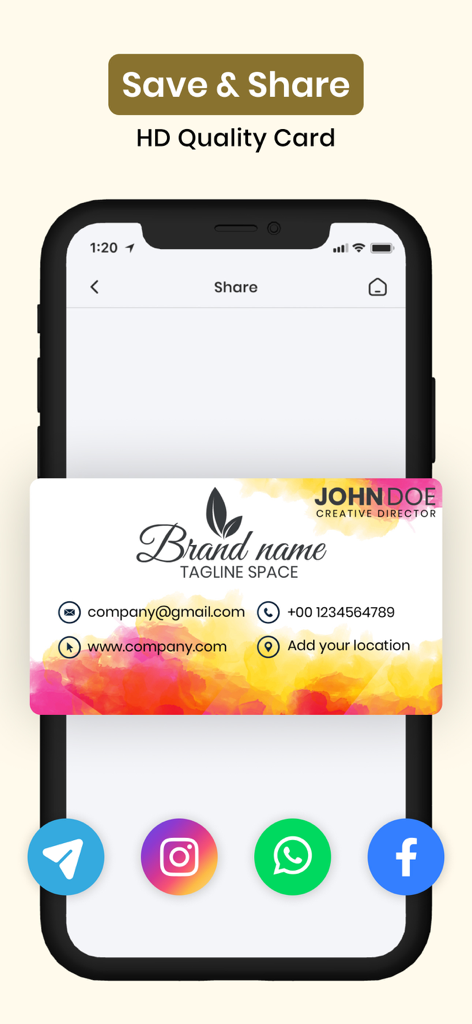 Interfaccia dell'app che mostra opzioni per salvare e condividere un biglietto da visita di qualità HD tramite piattaforme di social media come Instagram e WhatsApp