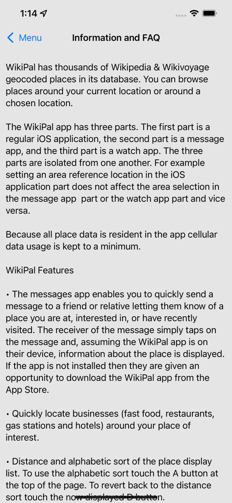 WikiPal Oceania app information and FAQ screen describing offline database features and travel tips