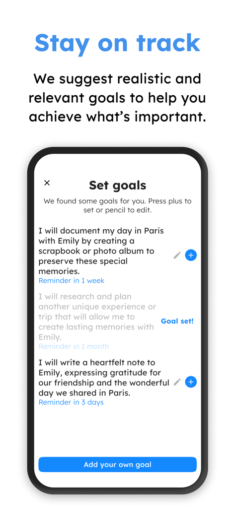 Audio Diary - a simple journal - Audio Diary app interface showing AI-suggested personal goals and reminders.