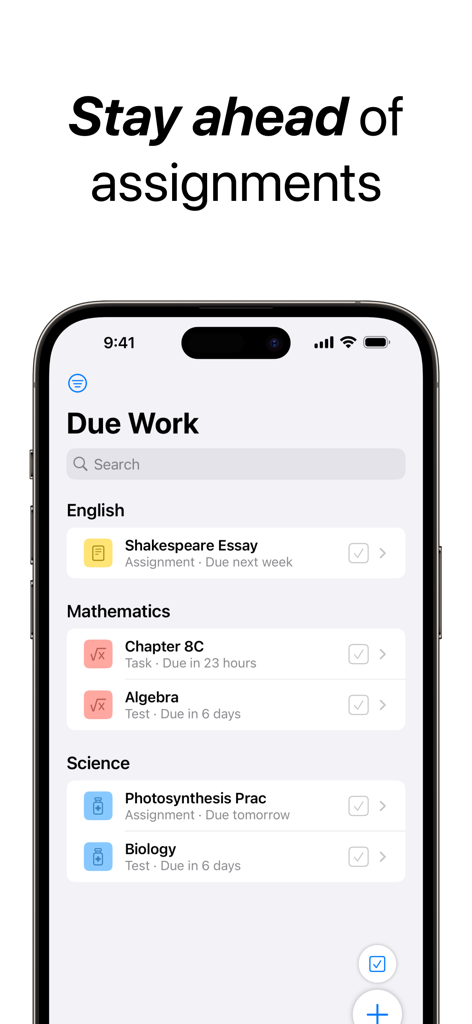 Schooly App-Oberfläche, die eine Liste fälliger Aufgaben und To-Do-Listen nach Fach kategorisiert anzeigt