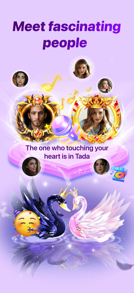 Tada - Group Voice Chat Rooms - Tada app screen showing user profiles with golden frames and the text Meet fascinating people