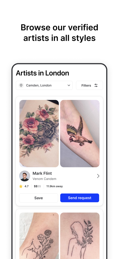 Tattoodo app interface showing verified tattoo artist profiles in London with design portfolios and booking buttons