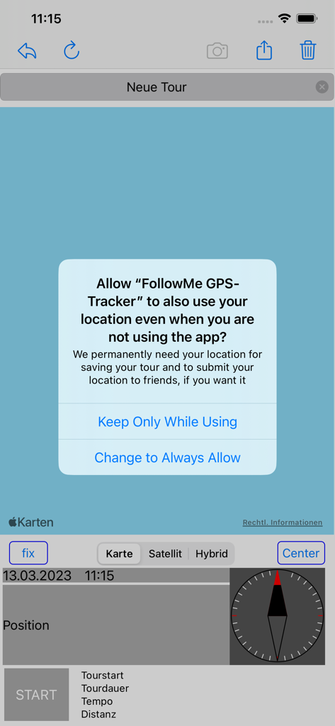 Pantalla de solicitud de permiso de ubicación en la aplicación FollowMe GPS tracker